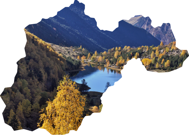 Imatge en forma de mapa amb un paisatge de la Vall de Boí de fons